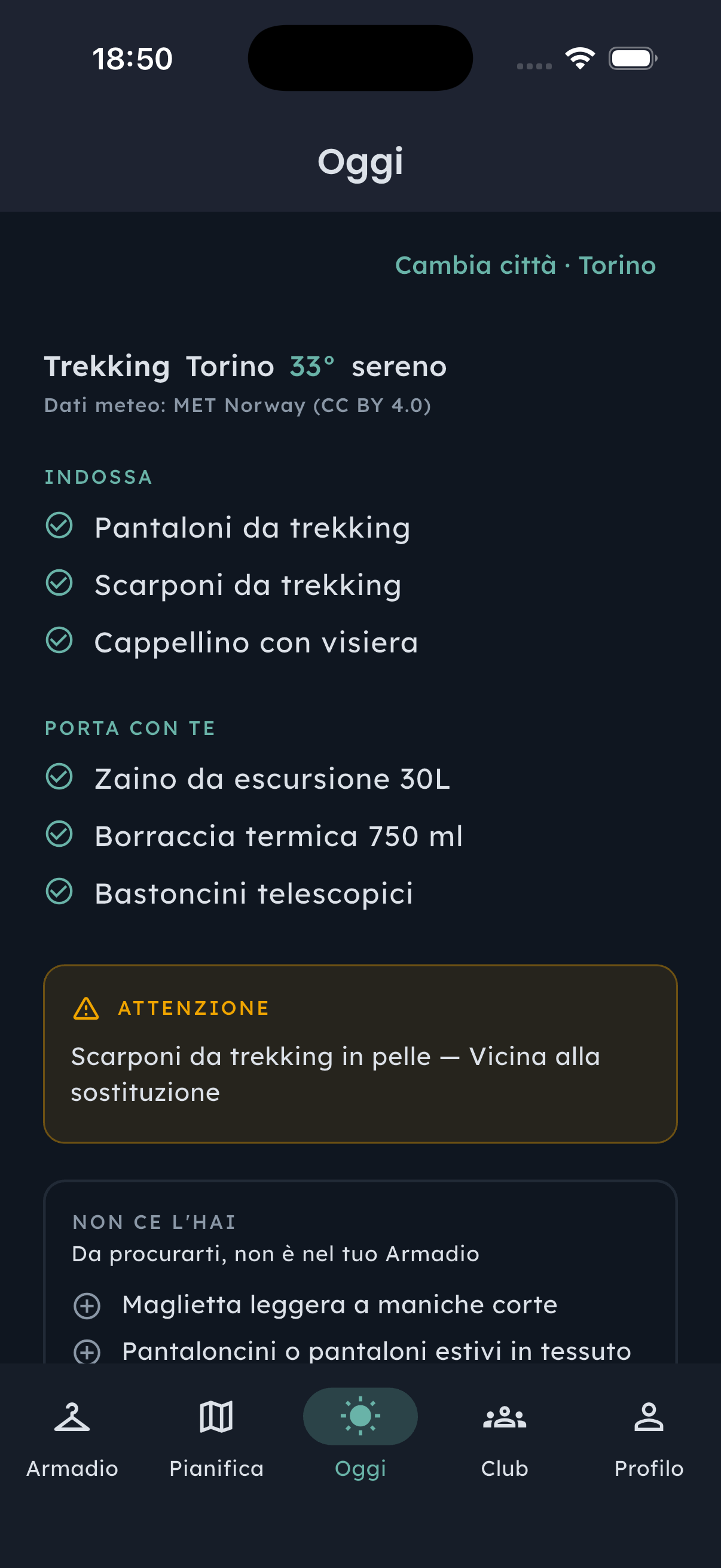 Schermata Oggi di Fennec Hint con consigli personalizzati per il trekking