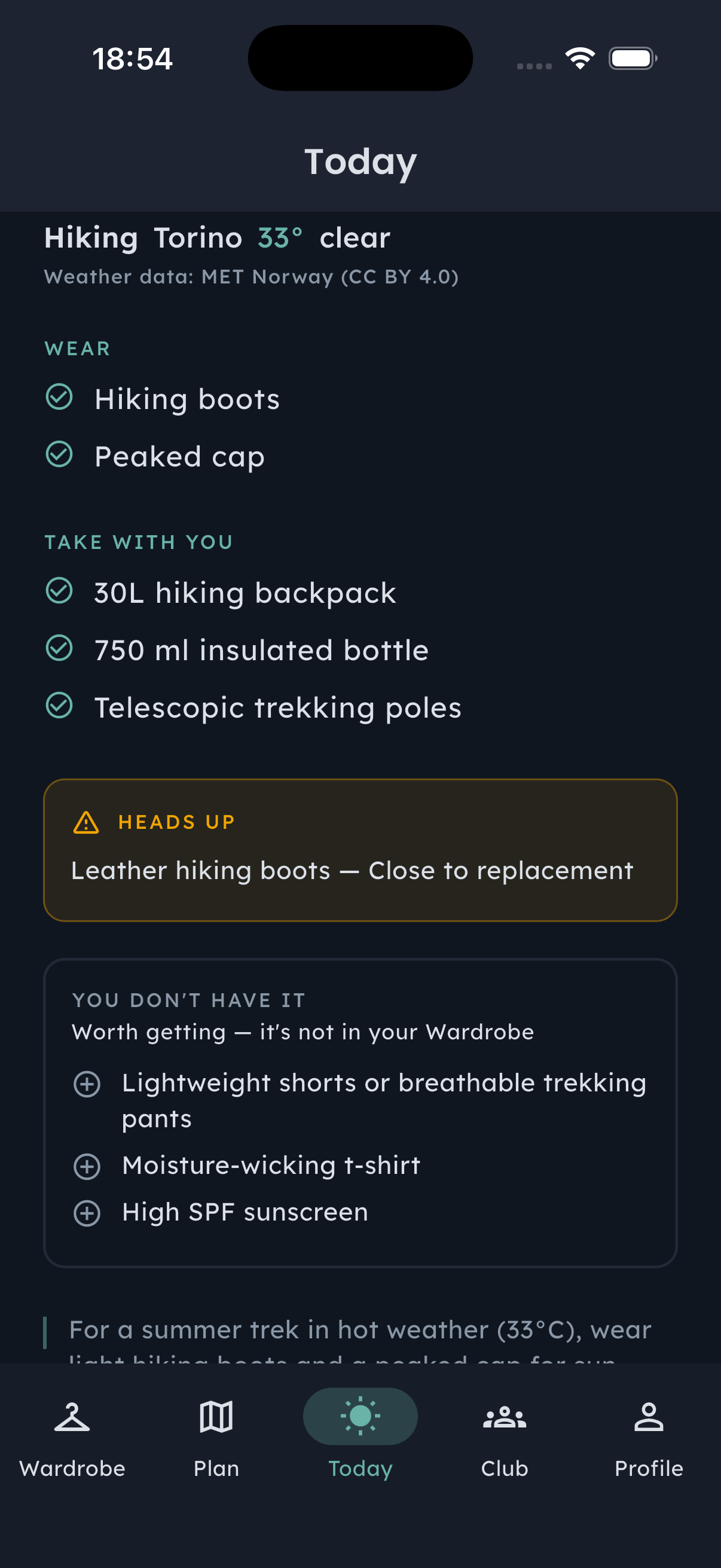 Fennec Hint Today screen with personalized hiking recommendations