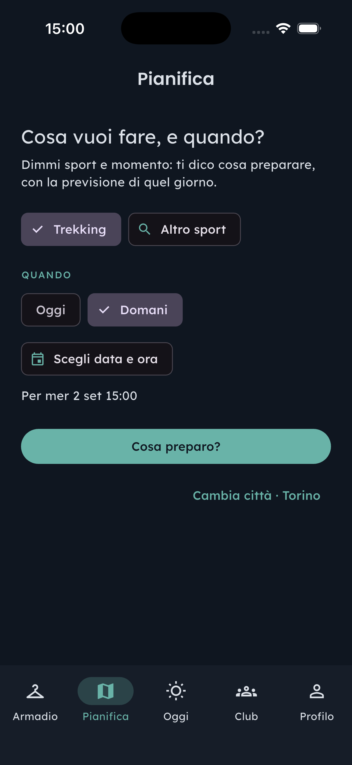 Schermata Pianifica di Fennec Hint per preparare una sessione sportiva