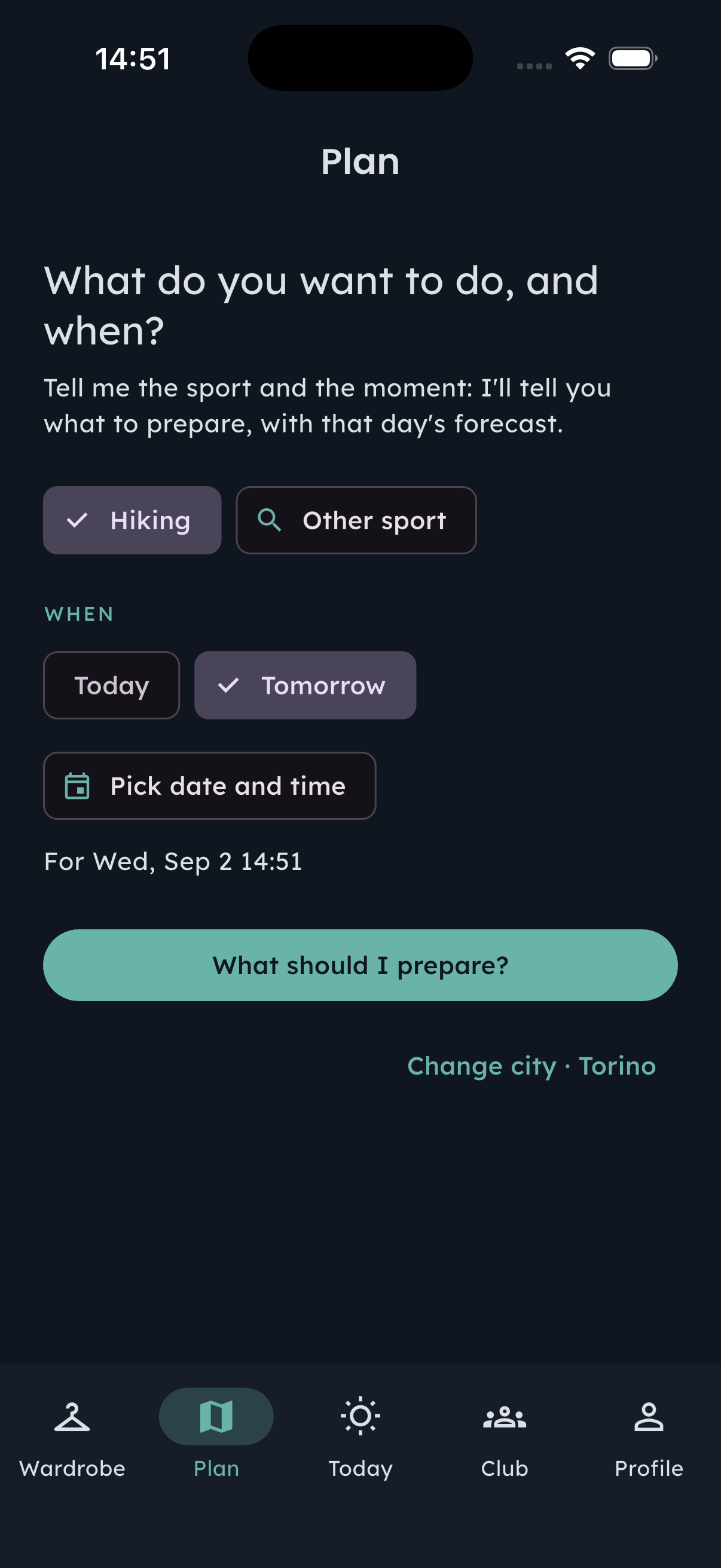 Fennec Hint Plan screen for preparing a sports session