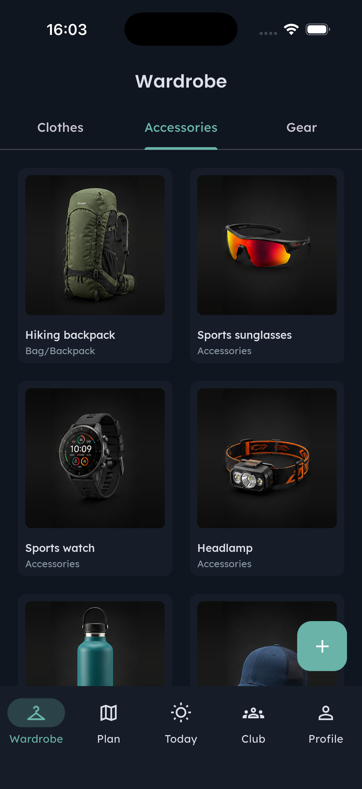 Fennec Hint Wardrobe, Accessories tab, with backpack, sunglasses, watch and headlamp