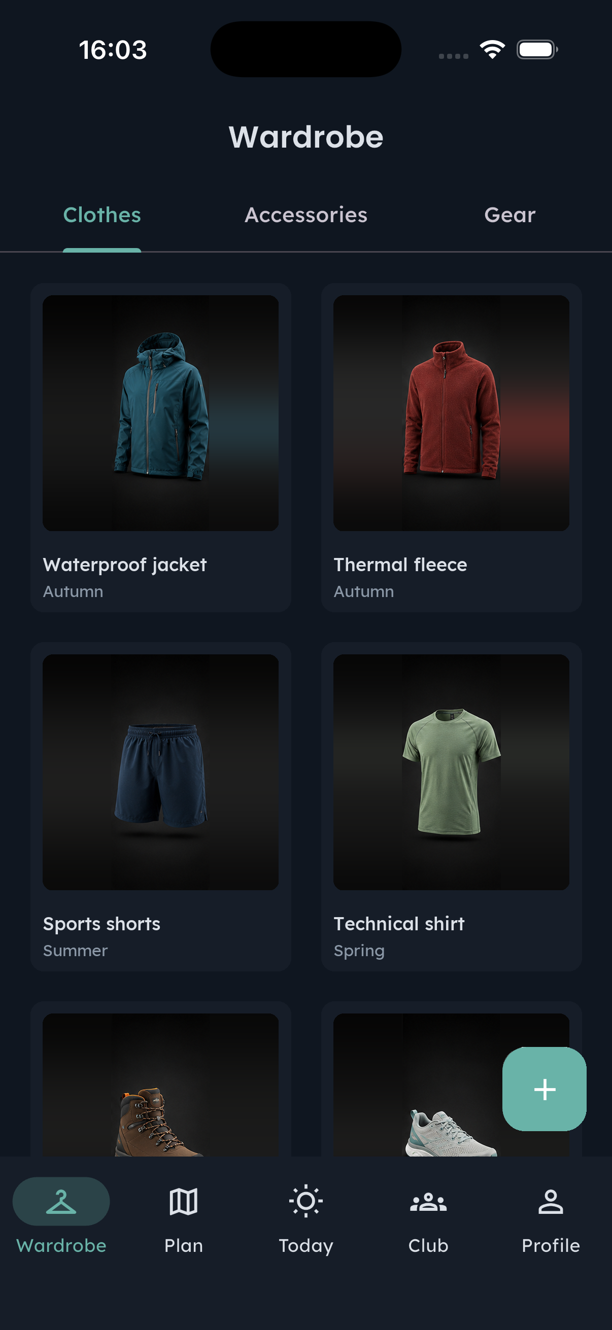 Fennec Hint Wardrobe, Clothes tab, with six saved sports garments